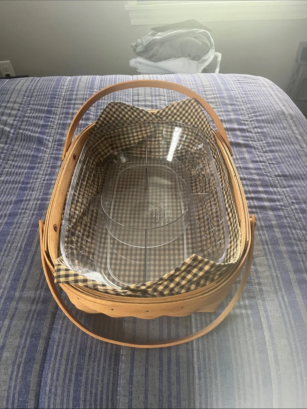 Longaberger Natural Wicker Basket with Clear Glass Insert and Brown Plaid Liner